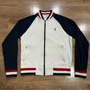 Polo Ralph Lauren Jacket Mens Medium Navy Full Zip Track Bomber Cotton Stripe